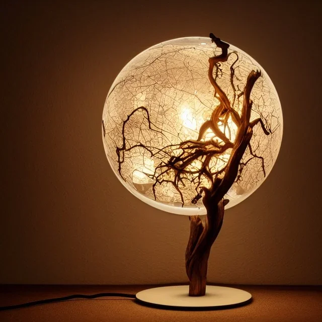 a gorgeous, stunning table lamp made of gnarled wood with illuminated globe of light hanging off one branch, decorative background, 8k resolution, high-quality, fine-detail, photorealistic, intricate, digital art, detailed matte, volumetric lighting, illustration, 3D octane render, brian froud, howard lyon, selina french, anna dittmann, annie stokes, lisa parker, greg rutowski, George Grie, Ben Goossens, Igor Morski