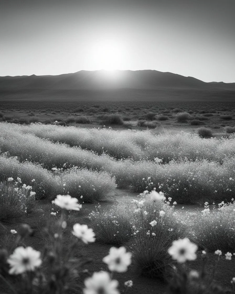 ULTRA REALISTIC, B&W Photograph, Atomic cloud made of WHITE FLOWERS, in the distance in the desert, at Golden Hour, cinematic, cinematic shot, dynamic composition, details, intricate detail, professional lighting, film lighting, 35mm, anamorphic, lightroom, cinematography, bokeh, lens flare, film grain, hdr10, 8k, Roger Deakins, incredibly detailed, reflect, sharpen