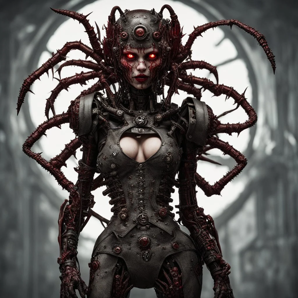 Demonic mechanical creepy aggressive necrophage zombie undead girl with scary red eyes, in a spiky leather and mechanical parts suit with tubes, dark fantasy horror, Filigree, Aesthetically pleasing, Realistic, Professional photo, 4k, hight resolution, higly detailed, 30mm lens, 1/250s, f/2.8, ISO 100