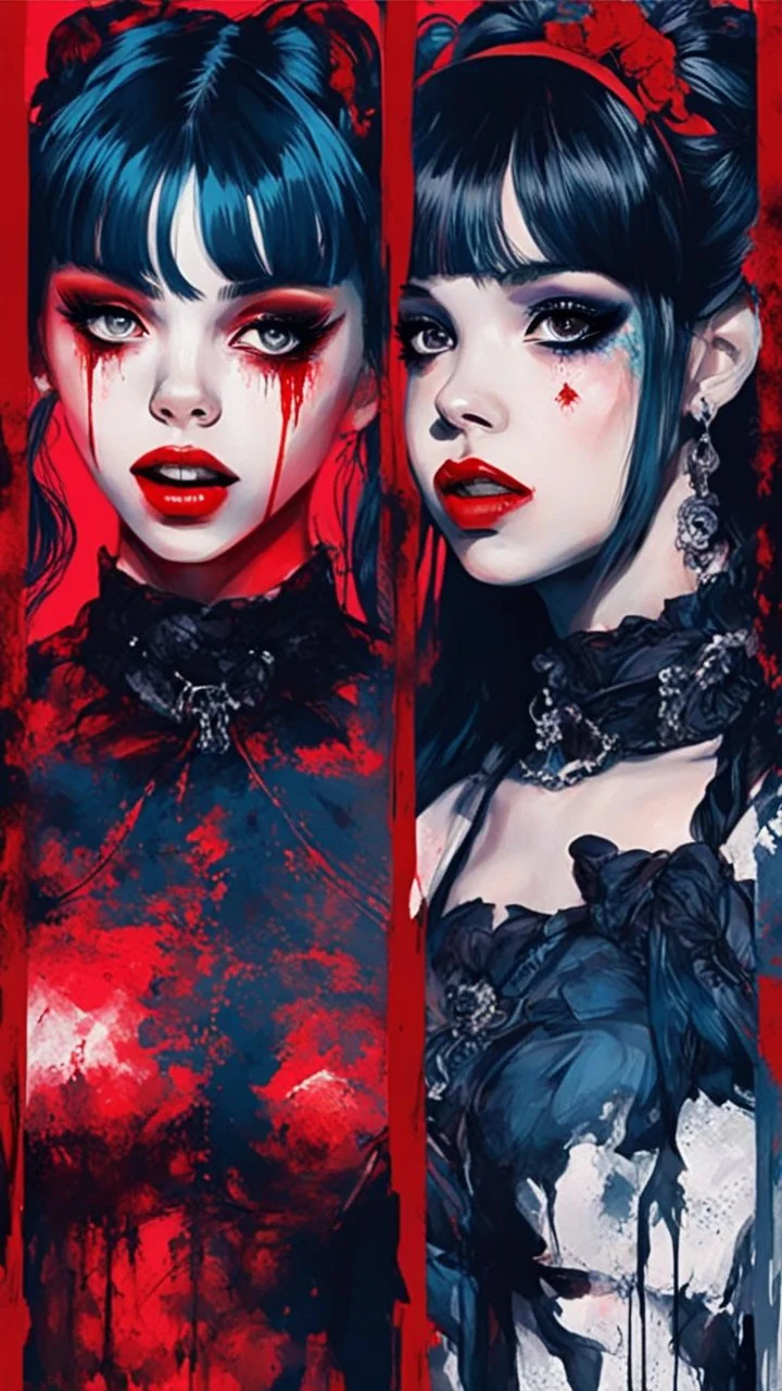 Poster in two gradually, a one side malevolent goth vampire girl face and other side the Singer Melanie Martinez face, full body, painting by Yoji Shinkawa, darkblue and red tones,