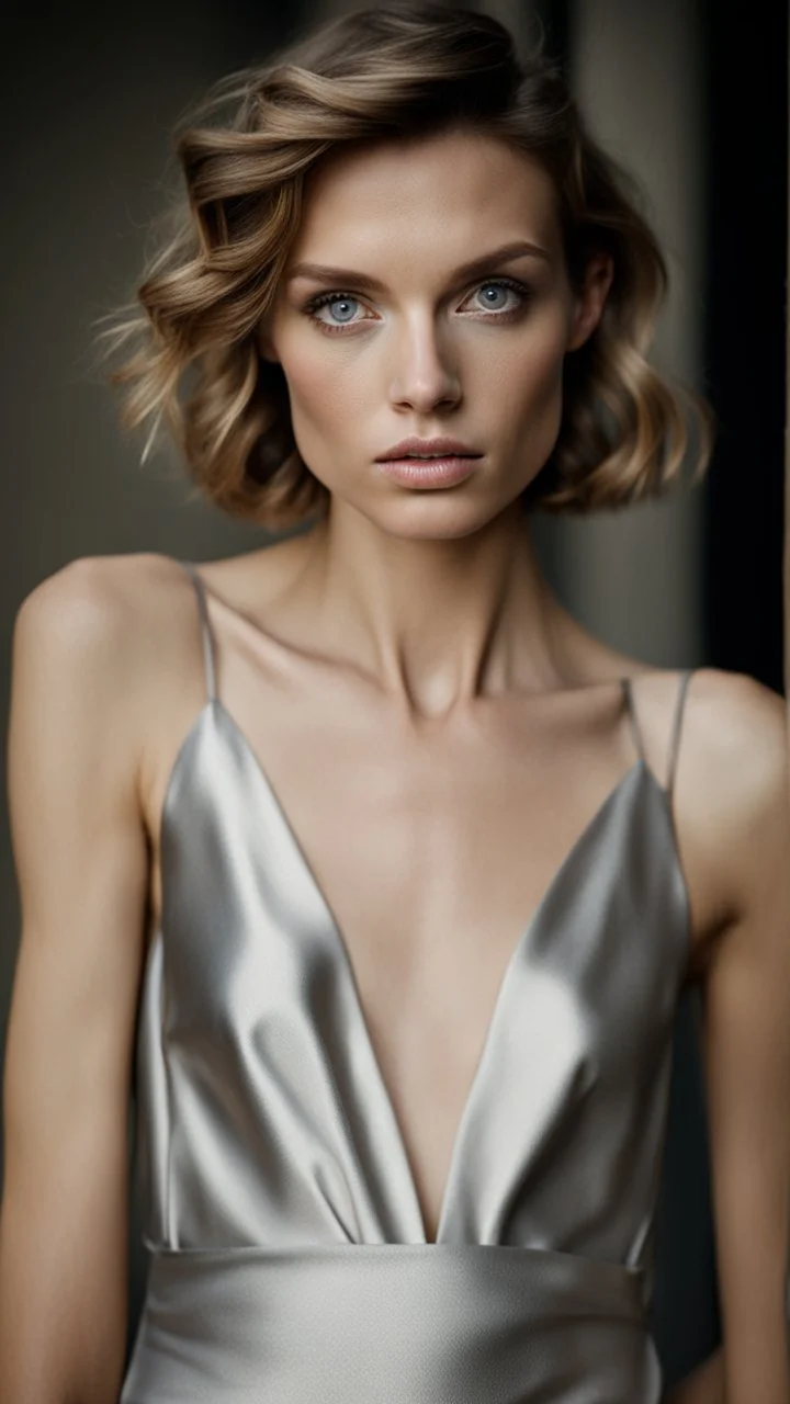 photography of a beautiful anorexic woman, silver satin top, sports illustrated, short wavy bob haircut, pronounced sternum