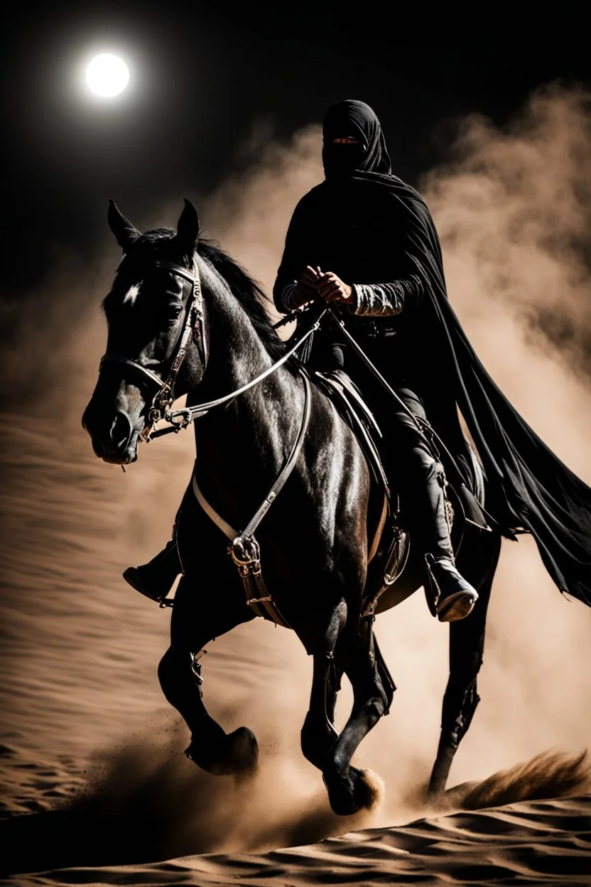 Photography Mistery of Black Ghost Rider Arabian driving on Black Horse,Walking alonely on desert darkness night background