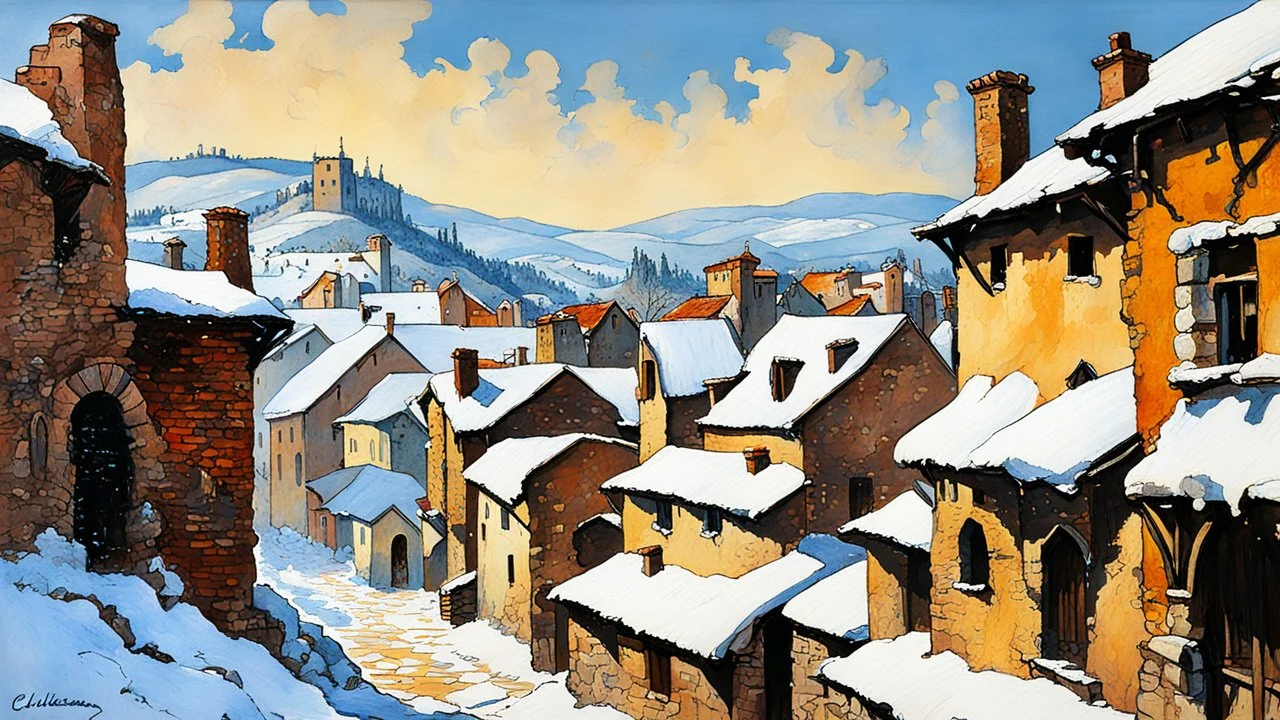 ink oil painting of a medieval Italian village landscape in winter, smoke rising from chimneys and icicles hang from the eaves, in the impressionist style of Childe Hassam, mixed with art nouveau, and abstract impressionism, and the comic art style of Jean-Giraud Moebius, precise and sharply defined brickwork and stone edges, in subdued natural colors