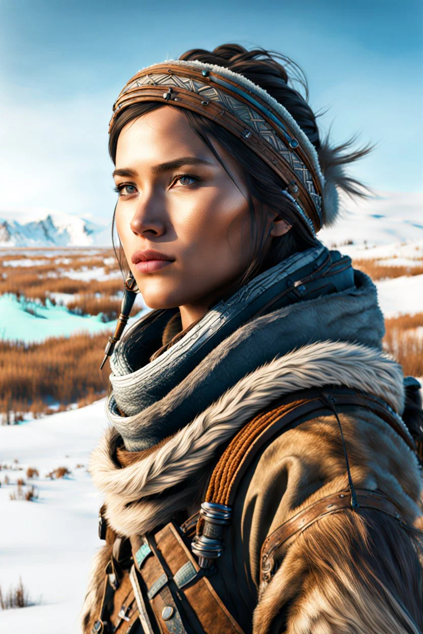 create a young, otherworldly lost Siberian nomadic female huntress with highly detailed, sharply lined and deeply weathered facial features in a desolate tundra steppe landscape , in natural winter tundra colors, 8k,