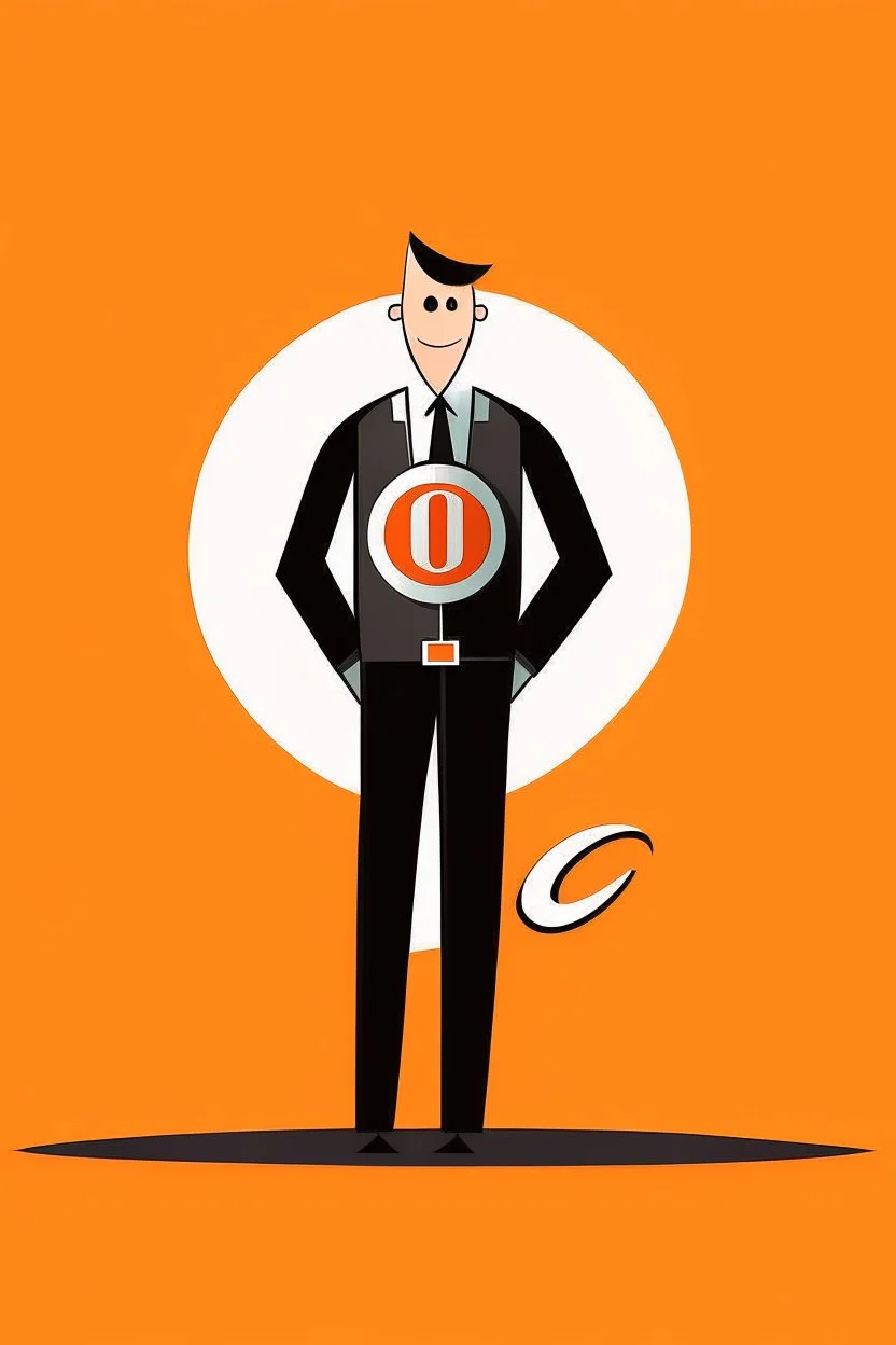 character illustration, standing in front of company logo, in the style of mark hayward of omecca.ca