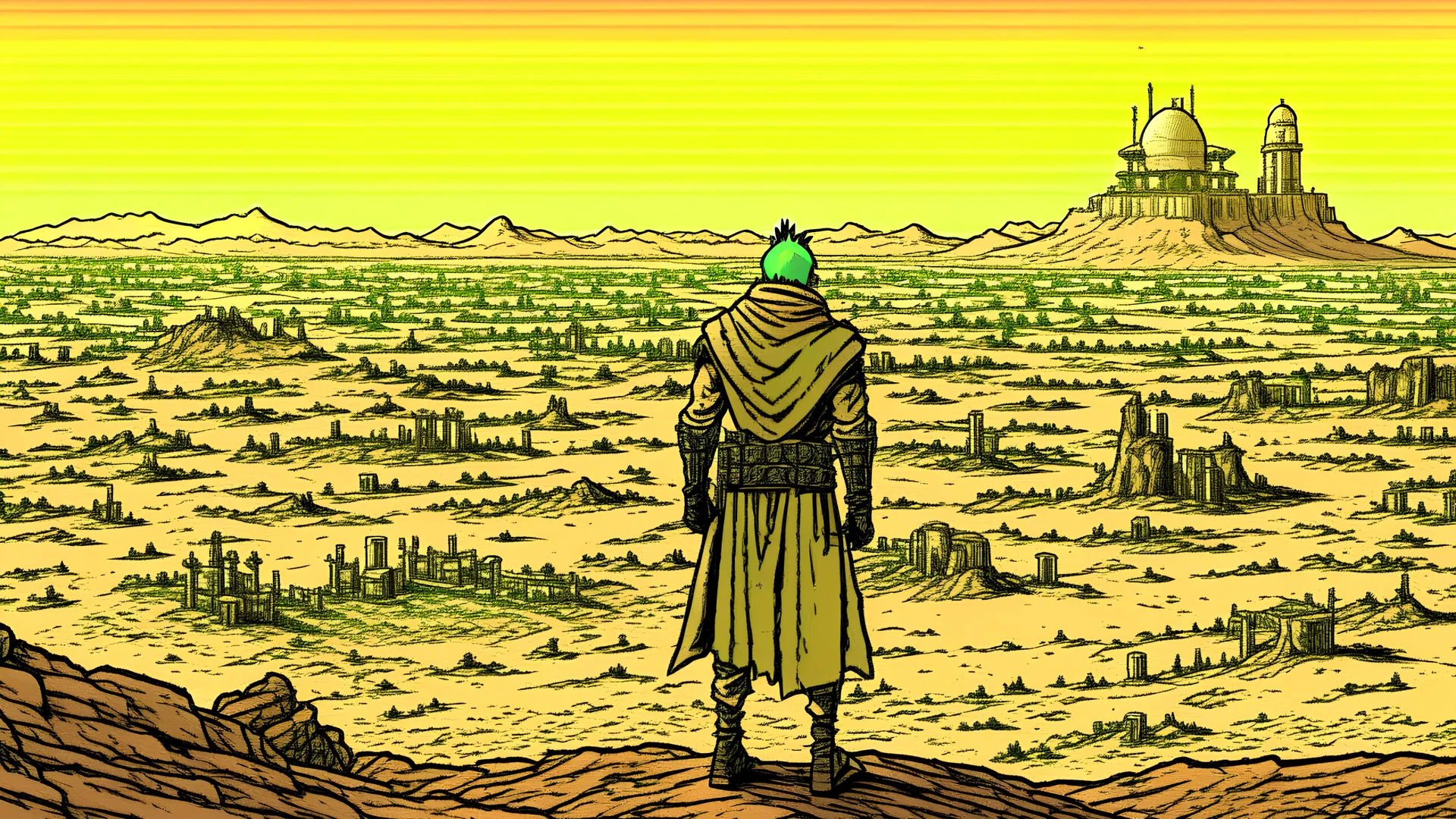 Desert warrior from behind looking at a city on a plateau in the distance, comic style