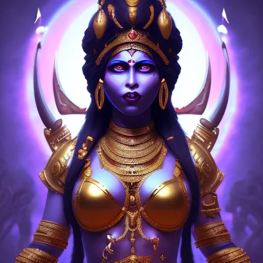 Goddess Kali in action, pitch black complexion, beautiful, svelte, stunning, chiseled face, fierce, unreal engine 5 volumetric lighting, intricate details, realistic style