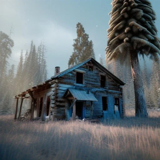 abandoned Ghosttown Gold mine Buildings in the mountains, winter, octane render, pine trees, high resolution