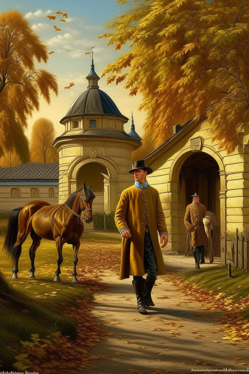 Fascinating, ultra-realistic nature in the photo. Golden autumn. A 32-year-old man in 19th-century Russian clothes walks towards the horses with his head raised to the sky, a smile on his face. In the background, the Russian estate of a 19th-century nobleman and three horses stand at the outhouse.