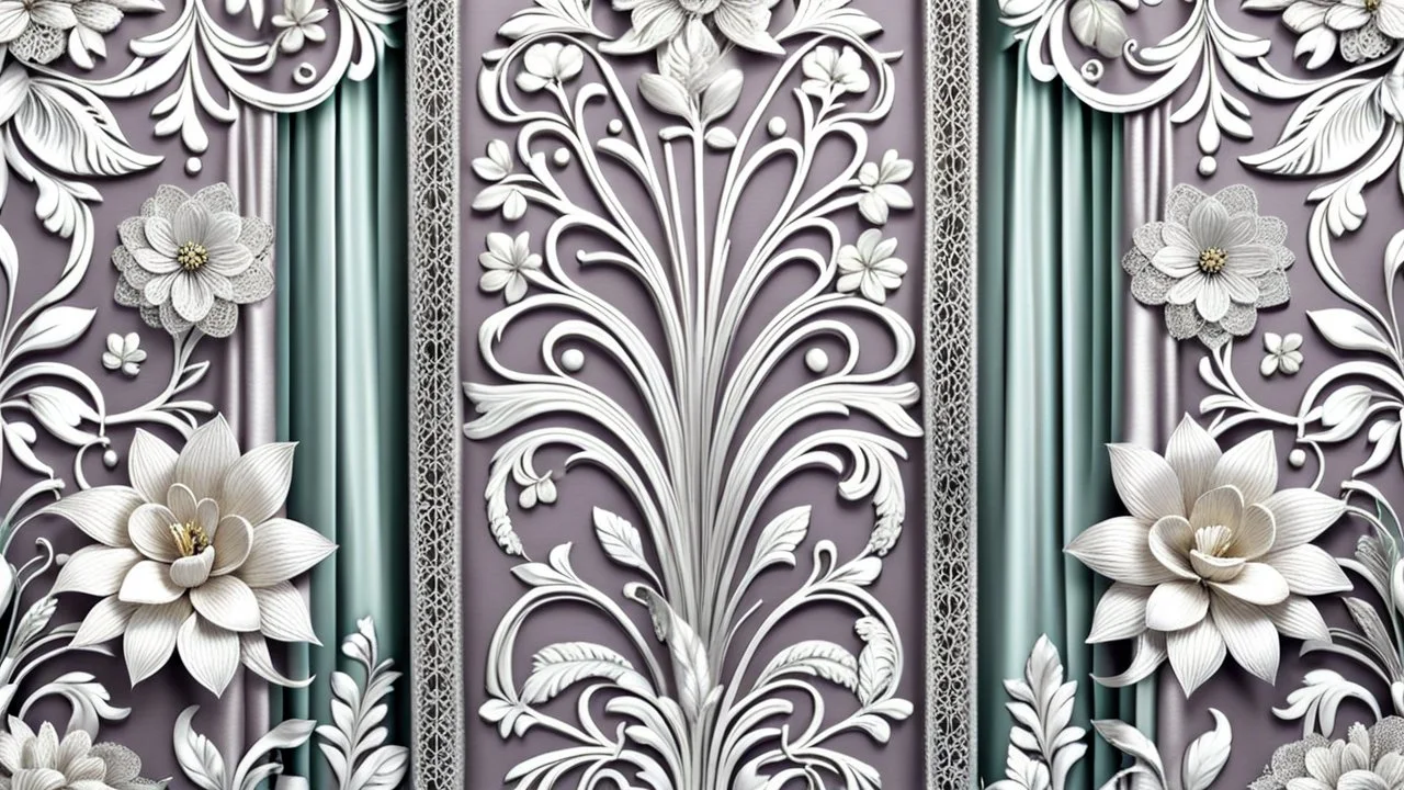 enterior of curtain fashion, combination nice lacy flowers and plants patterns , 3d silver threads ornaments, pastel colors, beauty lacy decoration, high texture, unique elegant, high detailed, sharp focus, photorealistic