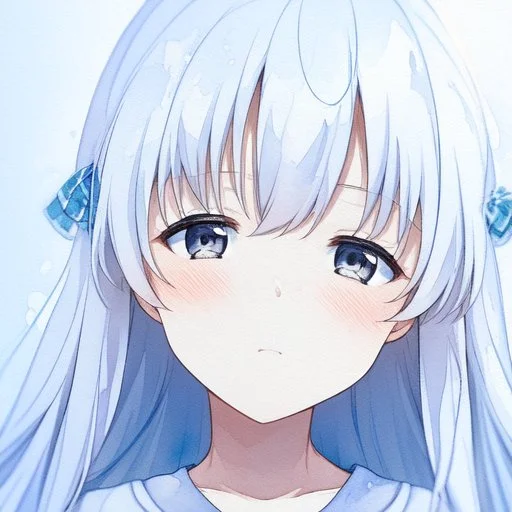 a close-up headshot of a kawaii shy young woman with long white hair, silver eyes with long lashes, slim delicate build, sickly complexion, soft, anime style, intricately detailed, splotchy watercolor background, adorable, cute