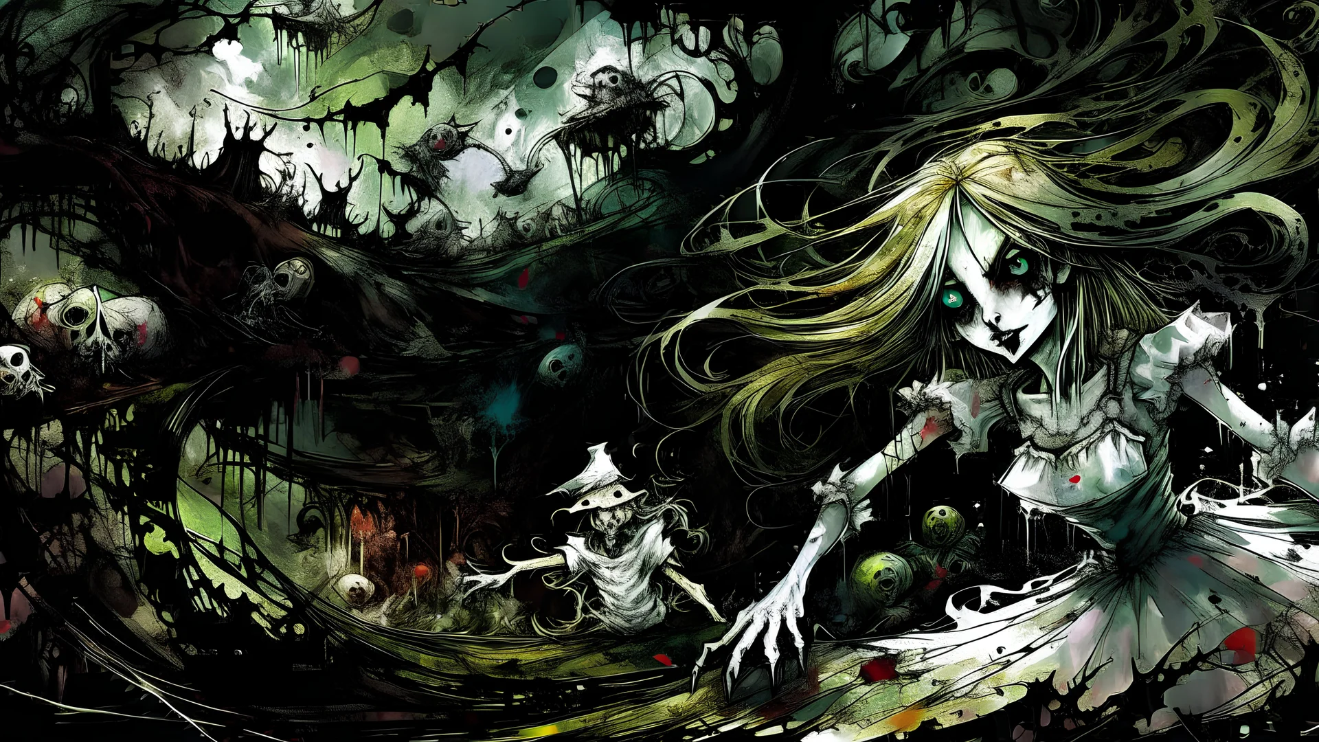 Twisted Alice in the style of, sinister, gore, morbid, horror, eerie, dark fantasy; HDR, UHD, TXAA, 8k, Ralph Steadman, Seb Mckinnon, impressionism, dadaism, surrealism