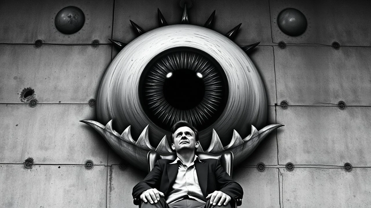 a black and white old photograph of a man sitting on a chair in front of a large, menacing eye. The eye is large and round, with a large pupil in the center and sharp teeth radiating outwards. The man is looking up at the eye with a serious expression on his face. The background is a concrete wall with a grungy texture, and there are small holes scattered throughout the image. The overall mood of the image is dark and eerie.