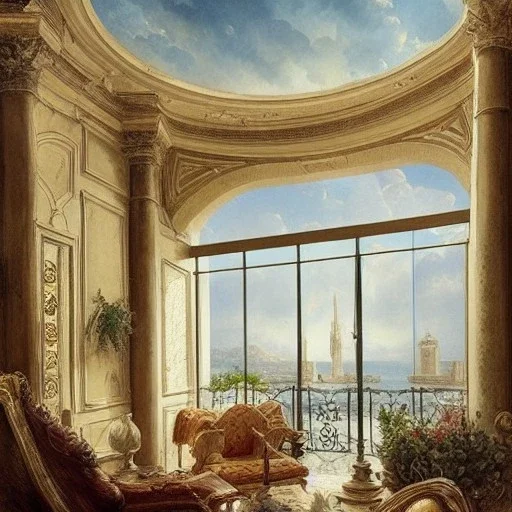  Living room with a big full wall window view on mediterranean city on sea , Vignola classicism architecture,interior design,point of perspective,by Jean Baptiste Monge, Epic cinematic, brilliant stunning, intricate, meticulously, detailed, dramatic atmospheric, maximalist digital matte painting