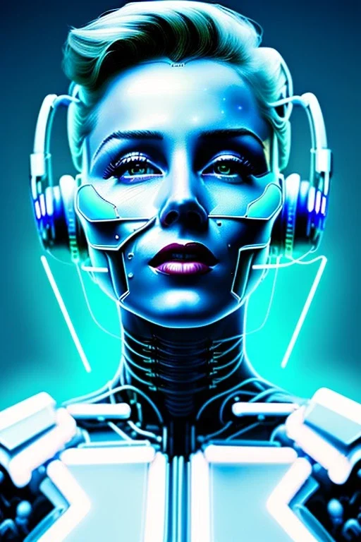 Ultra Realistic image, portrait, blonde woman, Marylin Monroe face, perfect iris, glow eyes, glow makeup. Cyborg, Cyberpunk, ghost in the shell style, oversized tight latex dress. fog, rain, soft color, highly detailed, unreal engine 5, ray tracing, RTX, lumen lighting, ultra detail, volumetric lighting, 3d, finely drawn, high definition, high resolution.