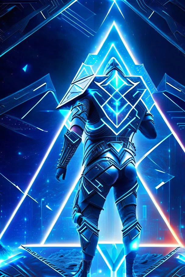 neon blue, floating triangle of light orbiting behind the back, cyber armor, geometric patterns on armor, male, orbiting triangle