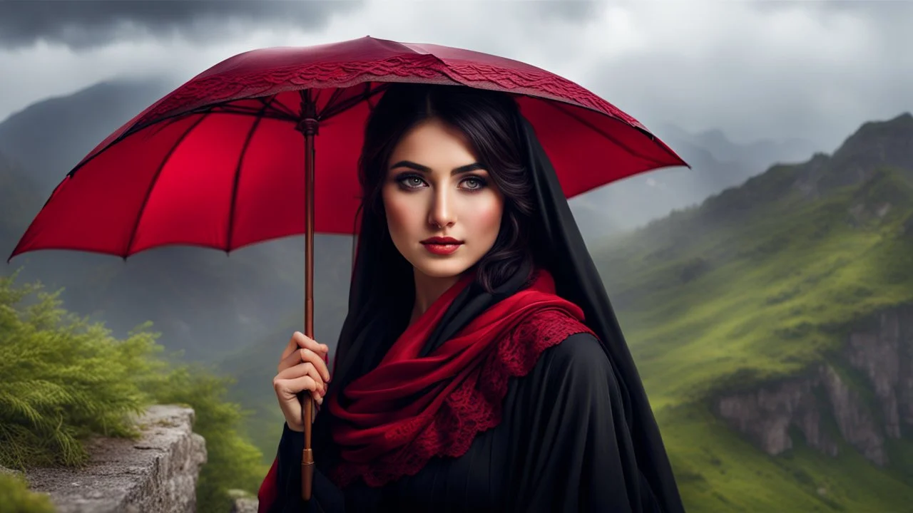 Hyper Realistic Close-Face-View-Of Beautiful Young Happy Pashto Woman With Beautiful-Black-Eyes-&-Black-Hair Wearing Black-Frock & Black-Shawl-With-Maroon-Lace Carrying An Red Umbrella On Mountain-Top With Greenery & Breathtaking Cloudy-Rainy-Weather Showing Dramatic & Cinematic Ambiance.