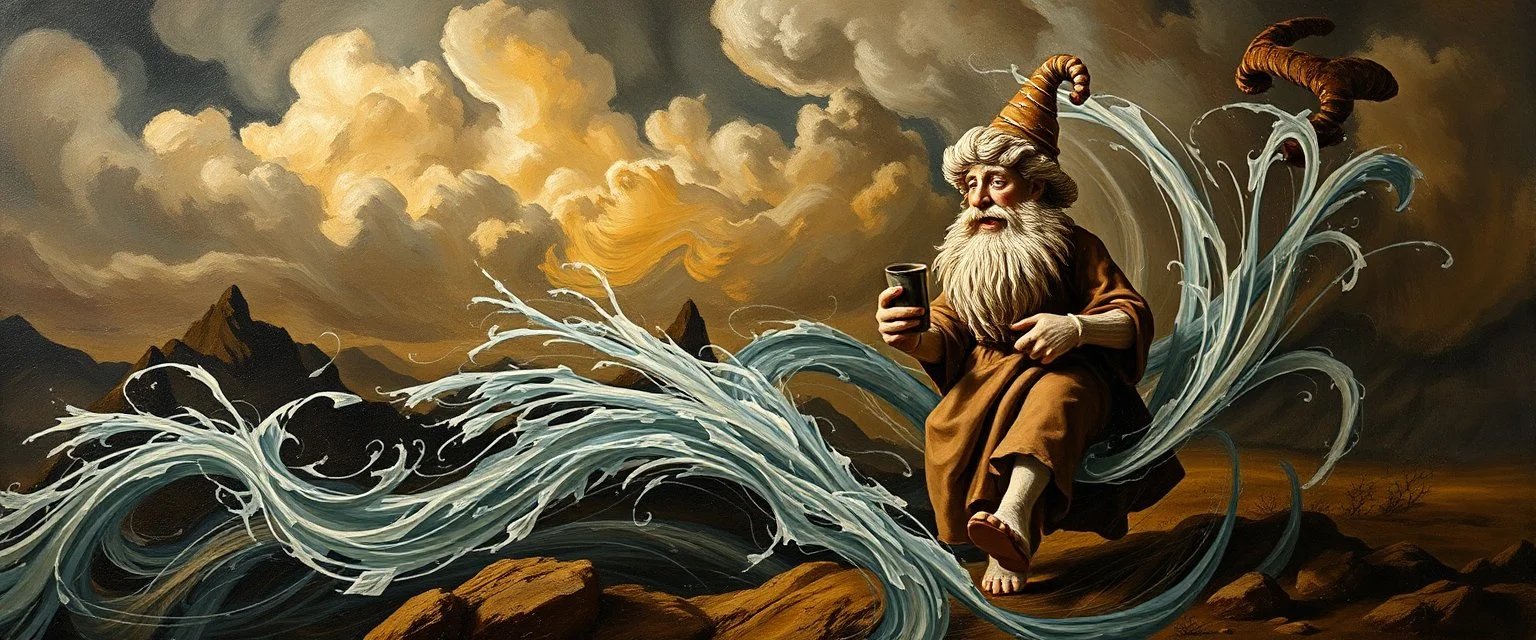 master oil painting by Rembrandt, good afternoon clay golem in the middle of twister whirl wind, in the style of disney
