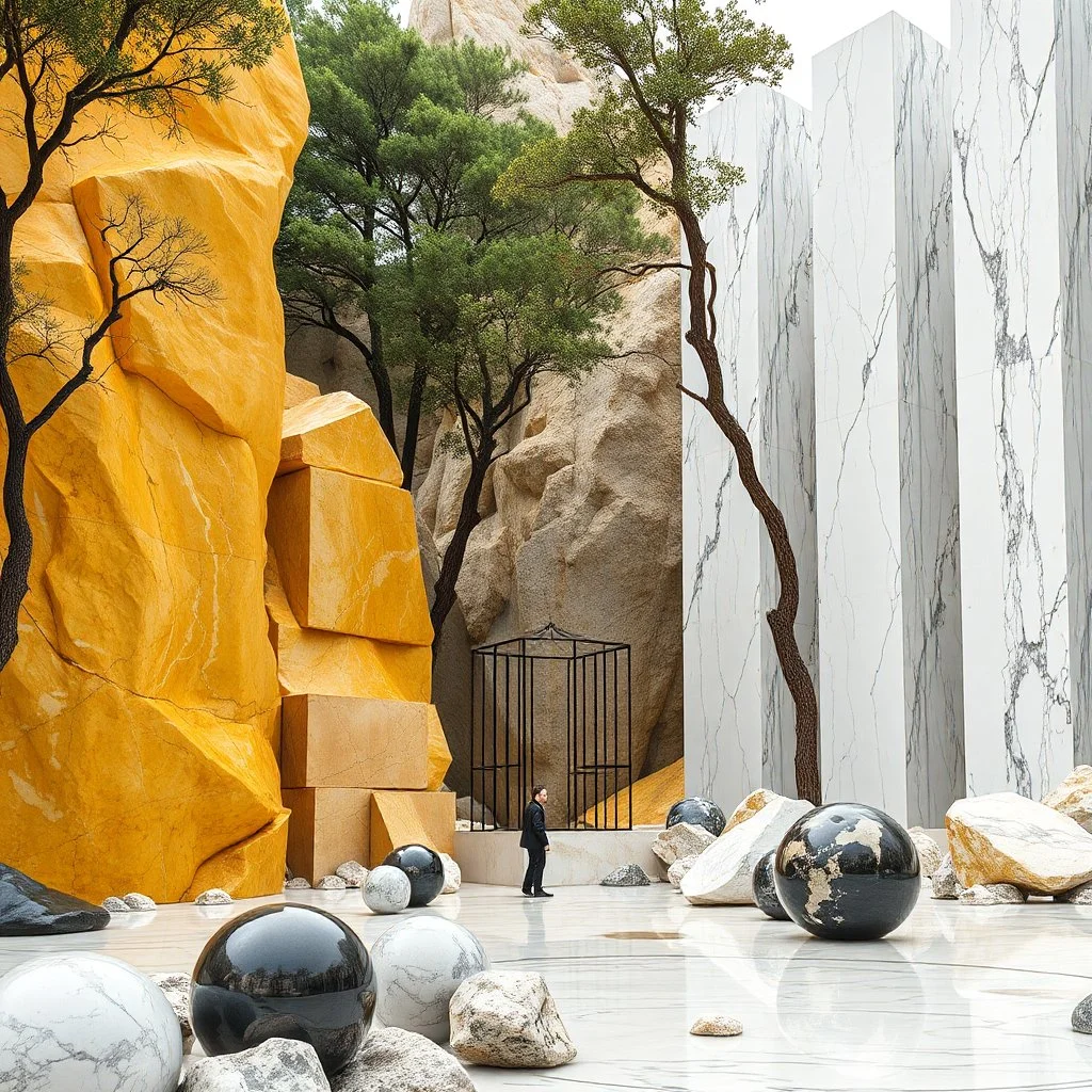 Magnifica immagine di un paesaggio naturale con marmi gialli imponenti accanto a strutture artificiali verticali altissime e alberi. Queste strutture sembrano blocchi rettangolari riflettenti, come colonne di vetro, che creano un contrasto tra il naturale e l'artificiale. Gabbia brutalista si erge solitaria. Persona osserva. bianco con venature e solchi. Magma liquido nero. La scena trasmette un senso di dialogo tra elementi organici. Dettagli degli specchi e delle rocce molto accentuati. Sfere