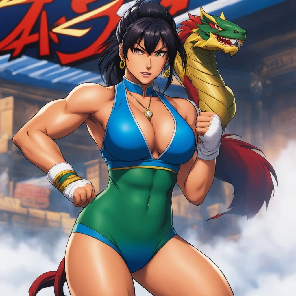 [high res photo of an actress for the launch Street Fighter III: New Generation/Official Art by Daigo Ikeno] the athletic Ardried Lash, with a tattoo of the Serpent's Tooth, in her iconic two piece swimsuit stands up on the ring, seen by below