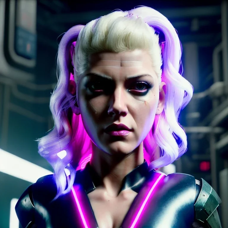 Actress, young Katheryn Winnick, android woman, circuits in face, glow painted face, shaved hair, ghost in the shell, leather coat, cyber punk, neon, army, bamboo, blood, portrait, cyan background, unreal engine 5, soft color, 16 bit, god lights, ray tracing, RTX, lumen lighting, ultra deatail, volumetric lighting, 3d, finely drawn, hd.