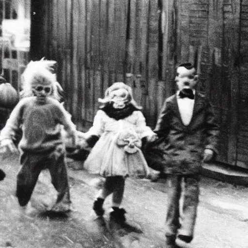 Creepy old photo of rainbow zippy monster chasing children at new year