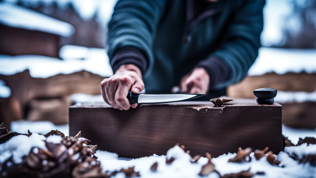 close up photo frrom two large male hands sharpen a knife with another knife , high detailed, sharp focuses, photorealistic, in background blur villager place, snowy yard