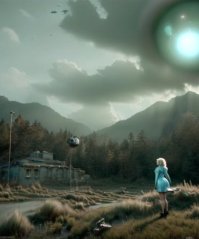 Ultra Realistic retro sci-fi 1960 scene, waist up view portrait, blonde woman, sweet young Marilyn Monroe face, perfect iris, tight latex coat, alien planet background, tight style, steel sphere dron levitating, fog, rain, soft color, highly detailed, unreal engine 5, ray tracing, RTX, lumen lighting, ultra detail, volumetric lighting, 3d, finely drawn, high definition, high resolution.