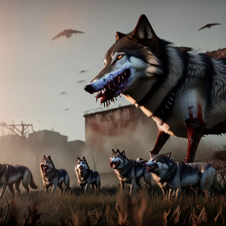 pack wolves zombies decomposition feeding running across the plains hunters carcasses bleeding victims dead animals dawn airship in the distance