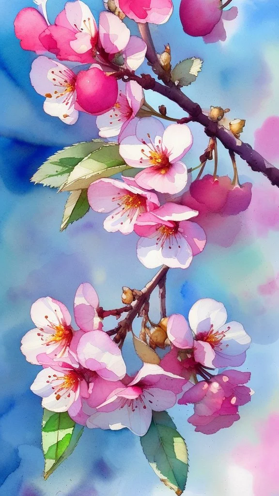 Blooming cherry flowers, watercolor, watercolor painting, beautiful flowers, spring, beautiful painting, sky