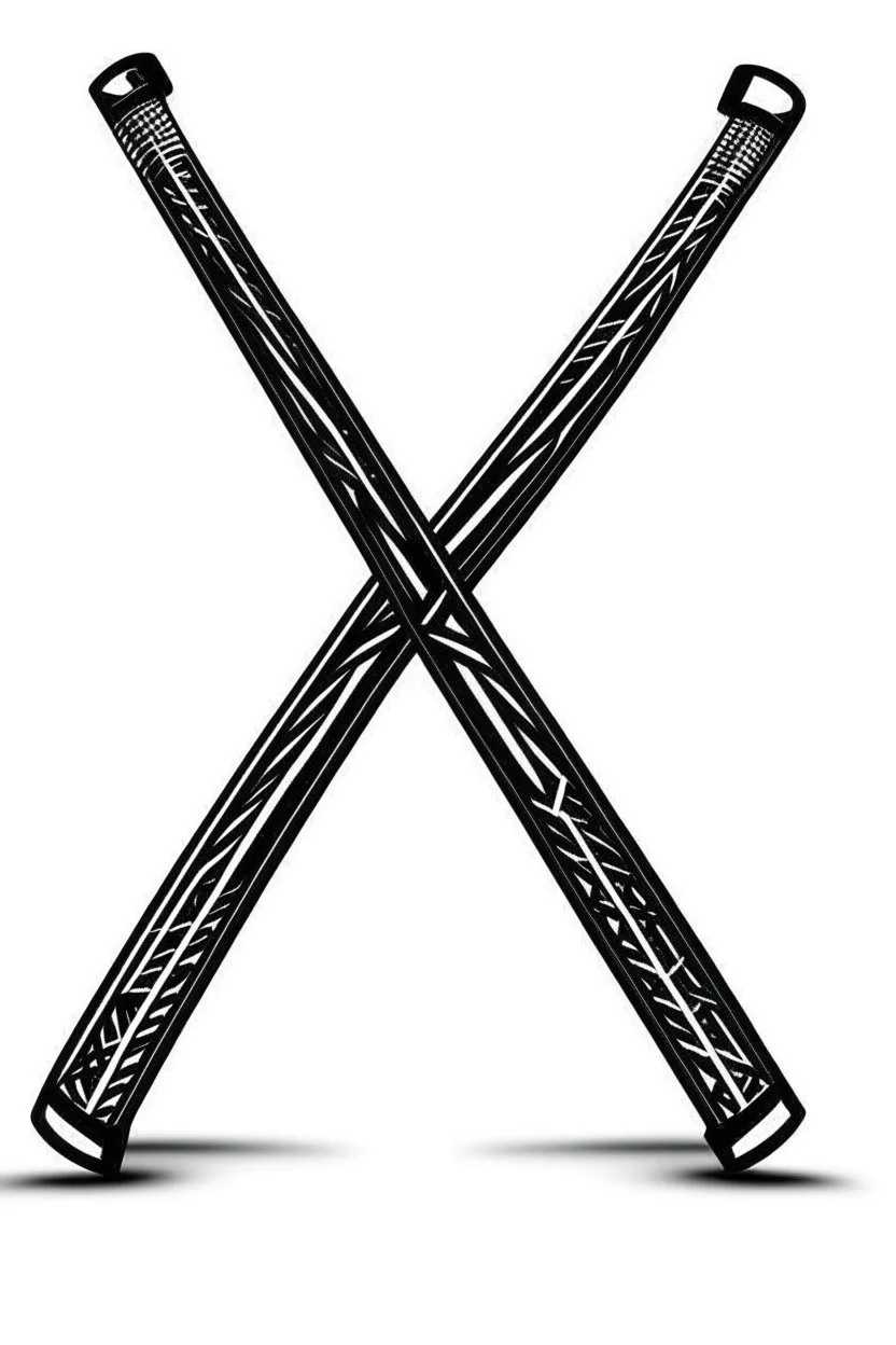 Two perpendicular futuristic high-tech black hockey sticks forming an "x" on a white background; font design; digital art