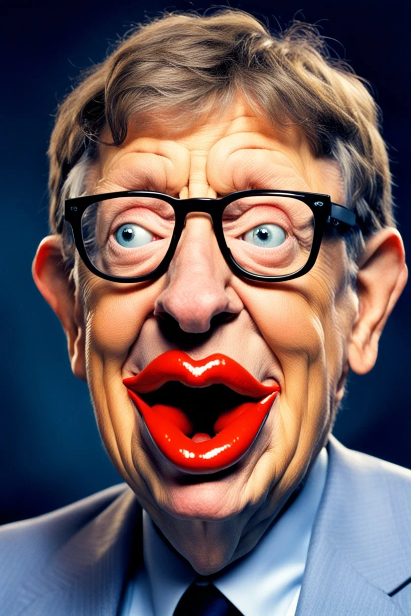 Bill Gates with a gremlin cow with big lipstick mouth, big lips