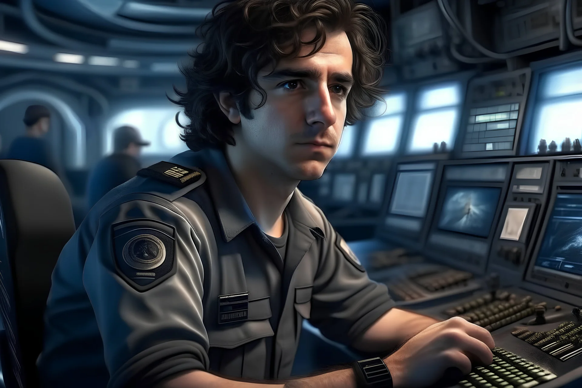 22 year old military junior coding officer male , thick dark messy hair, Tunisian, on deck of star cruiser ship, hyper photo realistic, detailed, cinematic lighting