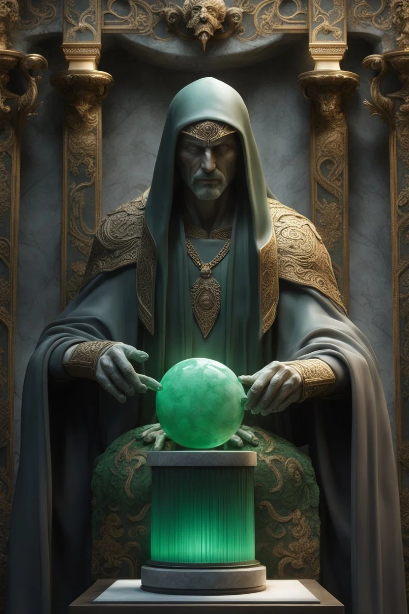 highly detailed marble and jade sculpture of a male necromancer, transparent nail polish, beautiful hands, stunning face, volumetric fog, Hyperrealism, breathtaking, ultra realistic, unreal engine, ultra detailed, cyber background, Hyperrealism, cinematic lighting, highly detailed, breathtaking, stunning environment