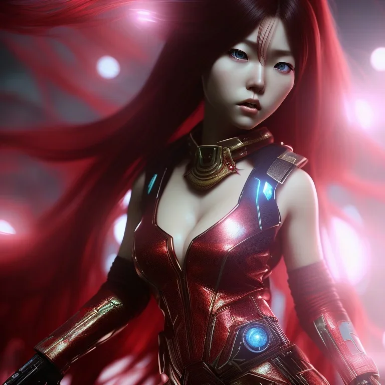 hitomi tanaka, dress red, long black hair, realistic, intriacte detail, sci-fi fantasy style, volumetric lighting, particales,highly detailed,cinamatic, deep colours,8k