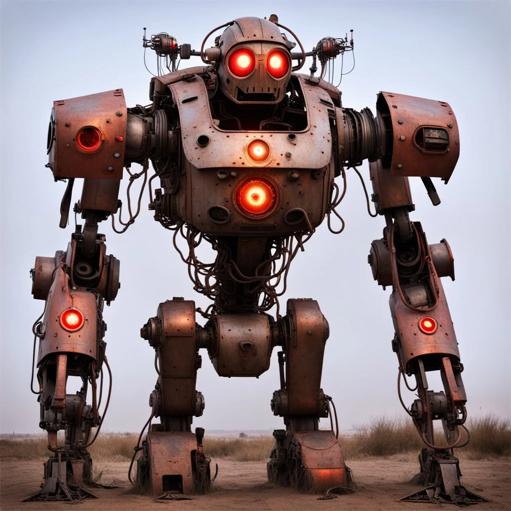 trash mech suit, human-sized, made of scrap metal, cockpit, light rust, round, one red glowing eye, loose wires