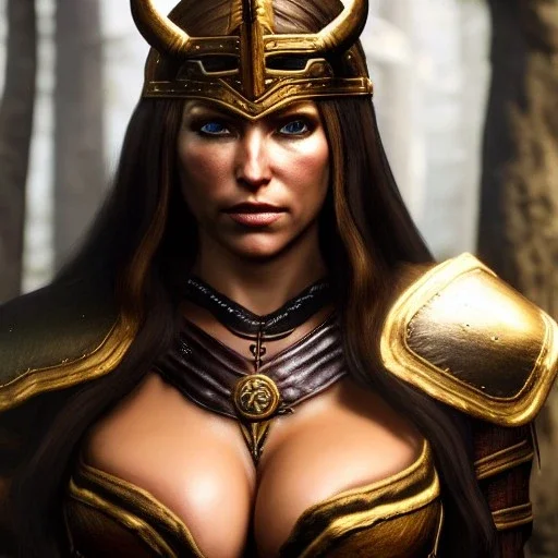 Ultra detailed fullbody Portrait in oil on canvas of Skyrim beautiful busty female Viking GreatHall ,extremely detailed digital painting,ultrarealistic skin,intense stare, extremely detailed face, crystal clear eyes, mystical colors ,perfectly centered image, perfect composition, rim light, beautiful lighting,masterpiece ,8k, stunning scene, raytracing, anatomically correct, in the style of Simon Bisley and Ohrai Noriyoshi and robert e howard and Steve Jung and Wizyakuza and uncannyknack.