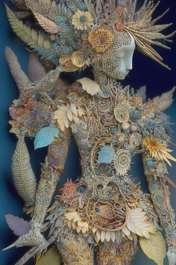 'Doll Parts" depicts a statue at Burning Man consisting of mismatched doll parts decorated with intricately detailed quilling consisting of flowers, foliage, feathers, shells, fossils, wood, pinecones, and gemstones; surrealism; Salvador Dali; Mixed media, quilling, rapturous, award-winning, intricate, insanely detailed, elegant, fantasy