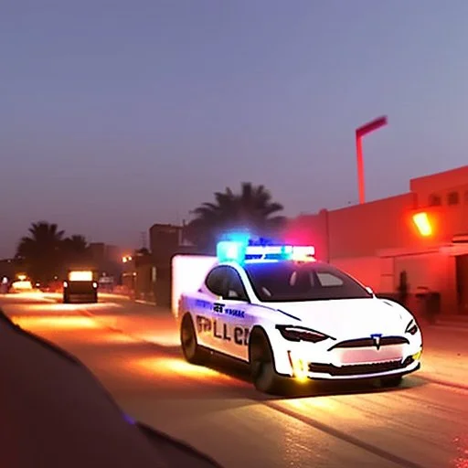 A police Tesla Cybertruck is chasing a Tesla 'Model S Plaid' at top speed, across 'Jemaa el-Fnaa', in Marrakesh. CINEMATIC. WIDE ANGLE LENS.