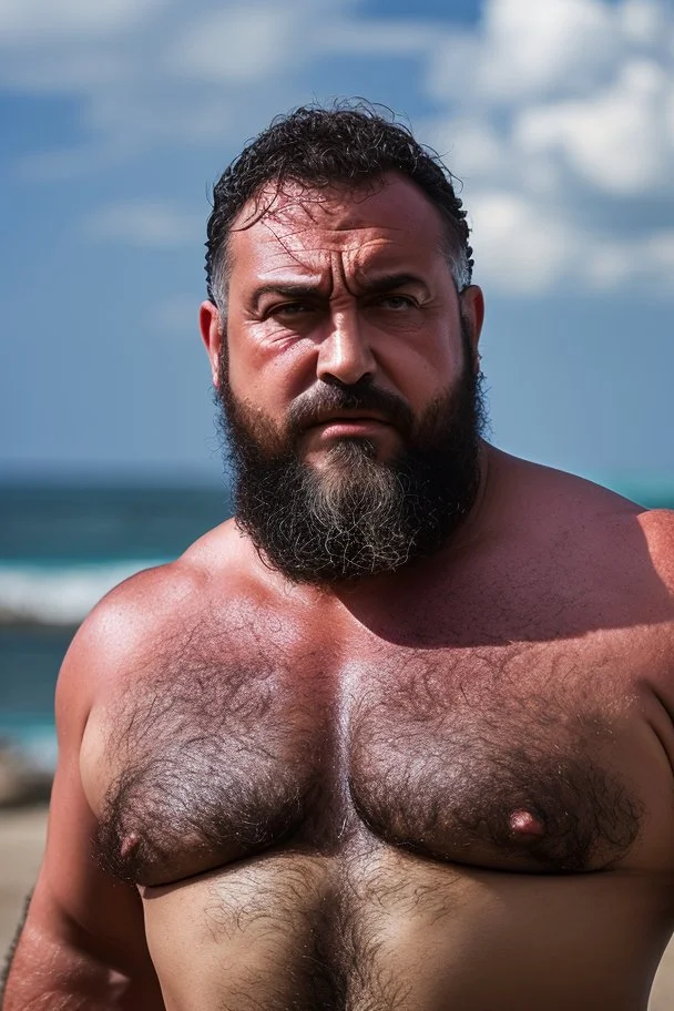 full figure shot photography of burly chubby turkish man 55 years old, at the windows , towel around the waist, bulge, hands behind the head, emotive eyes, long beard, manly chest, curly hair, sharp focus, backlit, harsh overhead sunlight, ambient occlusion , photorealistic , frontal view