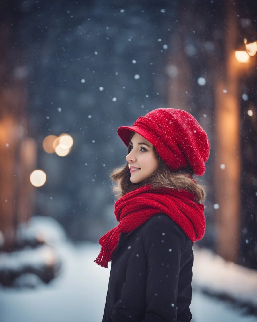 Cute girl in red hat and scarf, snowfall in the background, night