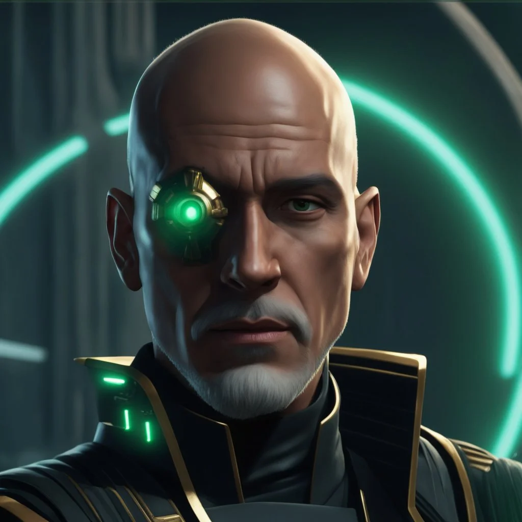 star wars bald male corellian jedi pilot wearing gunmetal grey and black old republic armored robes with gold trim inside the jedi temple holding a lightsaber with viridian green blade in left hand, centered head and shoulders portrait, hyperdetailed, dynamic lighting, hyperdetailed background, 8k resolution, volumetric lighting, light skin, fully symmetric details