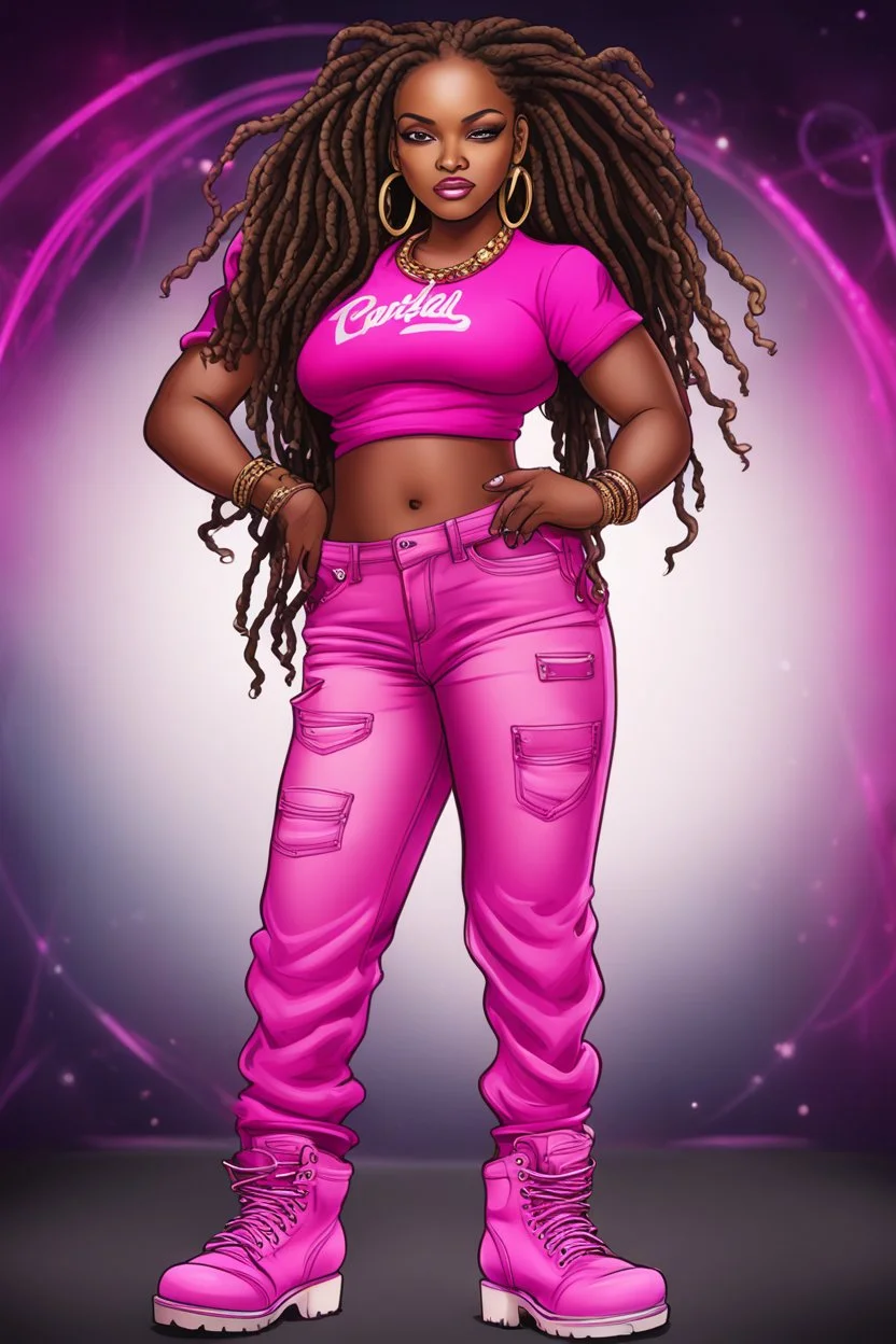 Create a digital airbrush cartoon of a curvy African American female wearing a hot pink jean outfit with timberland boots. Prominent make up with hazel eyes. She is wearing large diamond hoop earrings. Extremely highly detailed very long dread locs hair that shines. Background of a night club.