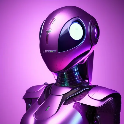 Cute girl in a robotic hijab suit, purple and pink backlight, orange lighting, profile