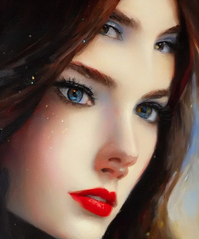 Masterpiece, best quality, The Face of the Curious Female by Bryen Frost rework. trace light, painted impressionist brush strokes. Paint spatters, drips, drabs, dynamic, artstation, Eliza Ivanova