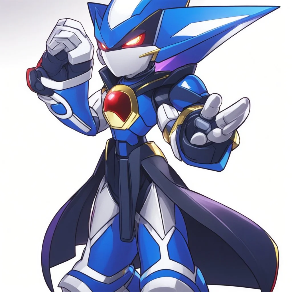 A sleek robotic warrior blending Neo Metal Sonic and Mega Man Zero. The design features Zero's red color scheme, with gold accents on shoulders, chest, and gauntlets, plus white highlights on the limbs. The aerodynamic body combines Neo Metal Sonic's sharp, angular edges with Zero's humanoid proportions. A glowing green plasma saber is held in one hand, while an energy cannon adorns the other. The helmet merges Zero’s crest and gem centerpiece with Neo Metal Sonic's spiked crown.