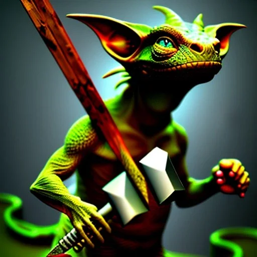 photorealstic, a goblin with a lizard head, holding axe