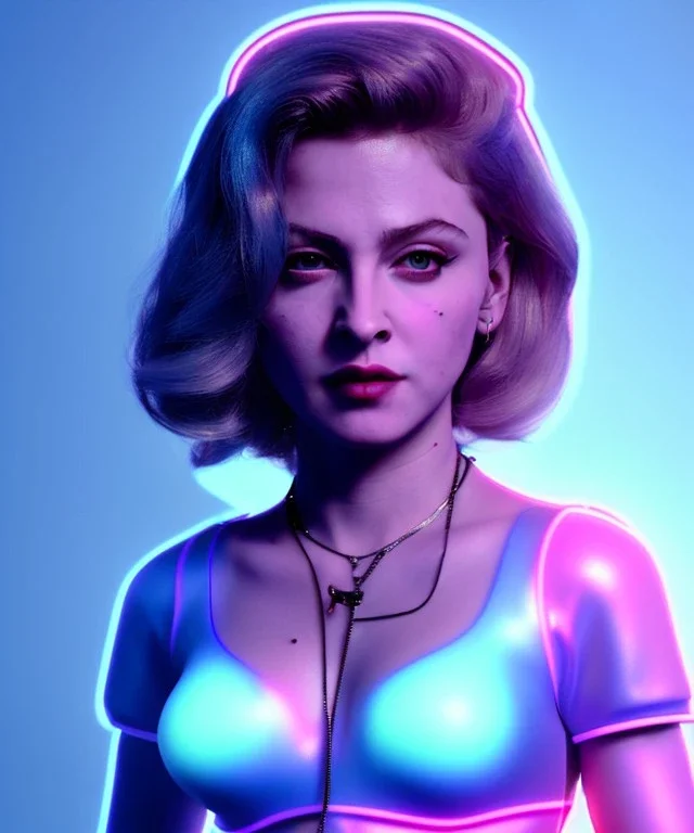 Artist, young madonna, android woman, sweet, slickedback hair, white skin, long eyeliner, make-up, color leds lights, circuits, cyberpunk, latex coat, neon, cables, portrait, studio photo, unreal engine 5, soft color, 16 bit, god lights, ray tracing, RTX, lumen lighting, ultra deatail, volumetric lighting, 3d, finely drawn, hd.