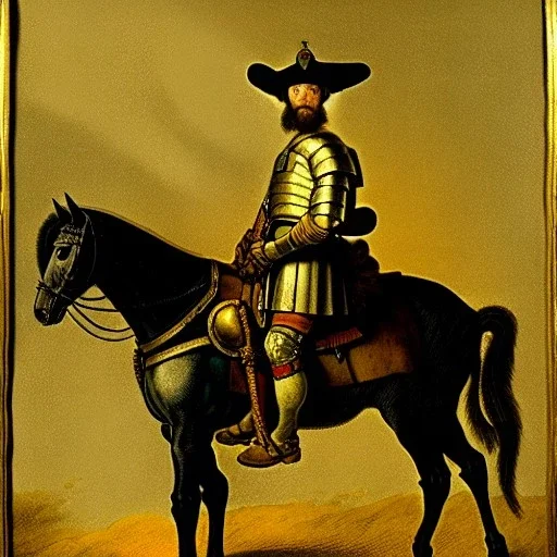 Dibujo de un soldado con armadura a caballo con estilo de Rembrandt