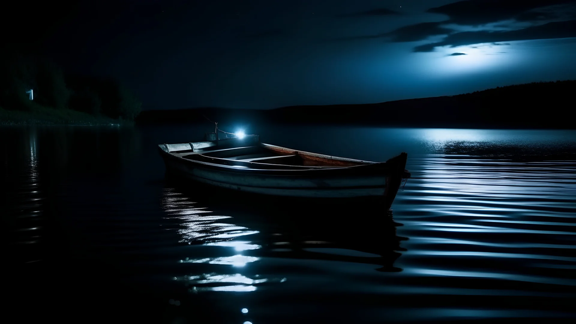 shark attack small boat in adark lake night